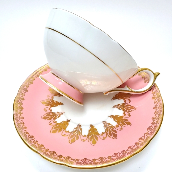 Aynsley Pink & 22k Gold Tea Cup & Saucer Bone China Corset Design Queen … - Picture 8 of 14